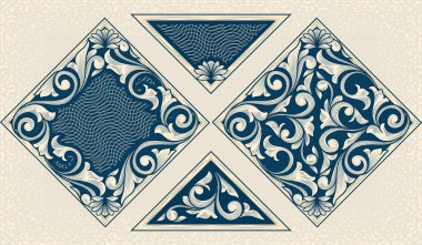 bej renkli arka plan, vektör çizim çiçek tasarım öğeleri ile mavi vintage çerçeve kümesi