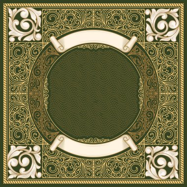 Altın kıvırcık tasarımı, vektör çizim ile koyu yeşil dekoratif desen