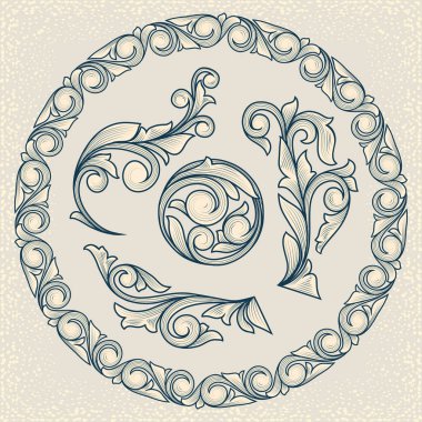 mavi vintage çiçek öğeleri, vektör çizim kümesi