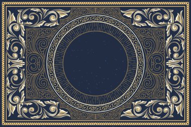 koyu mavi antika çerçeve altın çiçek dekor, vektör çizim ile