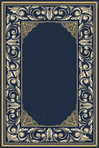 Donker Blauwe Antieke Frame Met Gouden Bloemen Decor Vectorillustratie — Stockvector