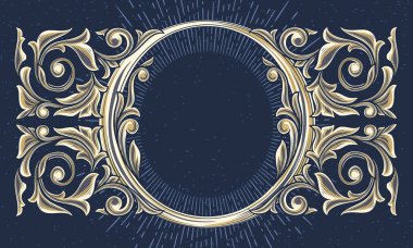 koyu mavi antika çerçeve ile süslü çiçek dekor, vektör çizim