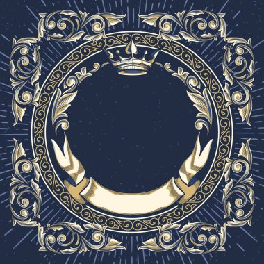 koyu mavi antika çerçeve altın çiçek dekor ve taç, vektör çizim ile