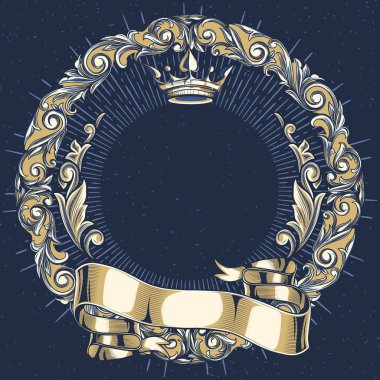Daire antika çerçeve altın çiçek dekor ve taç, vektör çizim ile