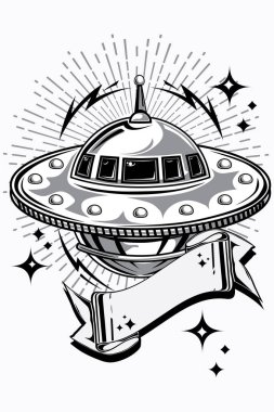 Uçan Ufo uzay gemisi amblemi, vektör çizim