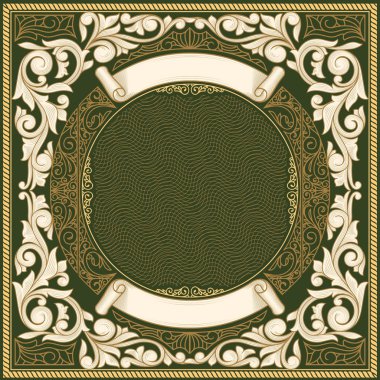 Altın telkari, vektör çizim ile koyu yeşil antika çerçeve