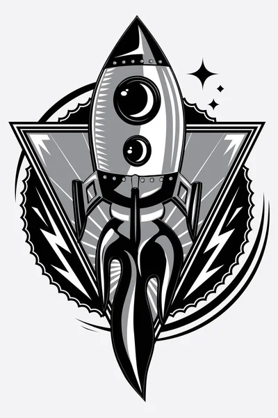 Cartoon Rocket Start Monochrome Emblem Vector Illustration — Stock Vector