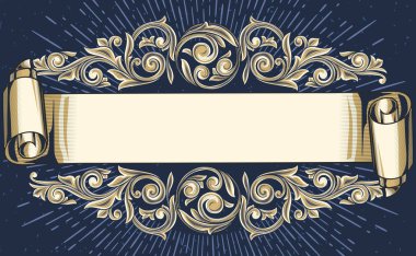 koyu mavi antika çerçeve altın çiçek dekor ve kopya alanı, vektör çizim ile