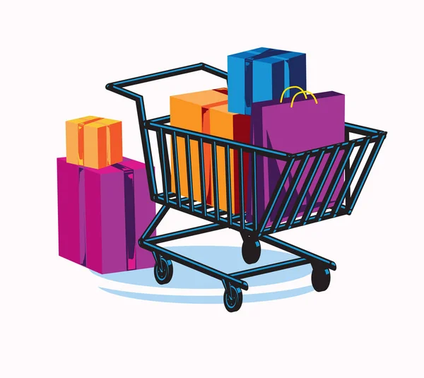 Carrito Compras Con Bolsa Colores Cajas — Vector de stock