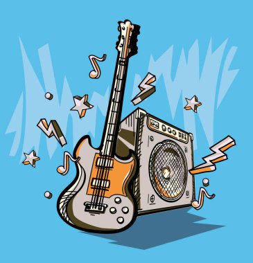 Müzik tasarımı - çizilmiş gitar, amplifikatör ve notlar