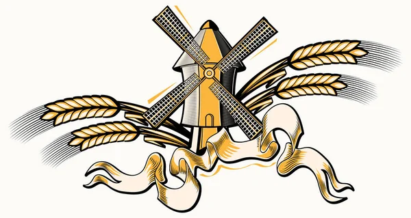 Molino Viento Emblema Decorativo Trigo — Archivo Imágenes Vectoriales