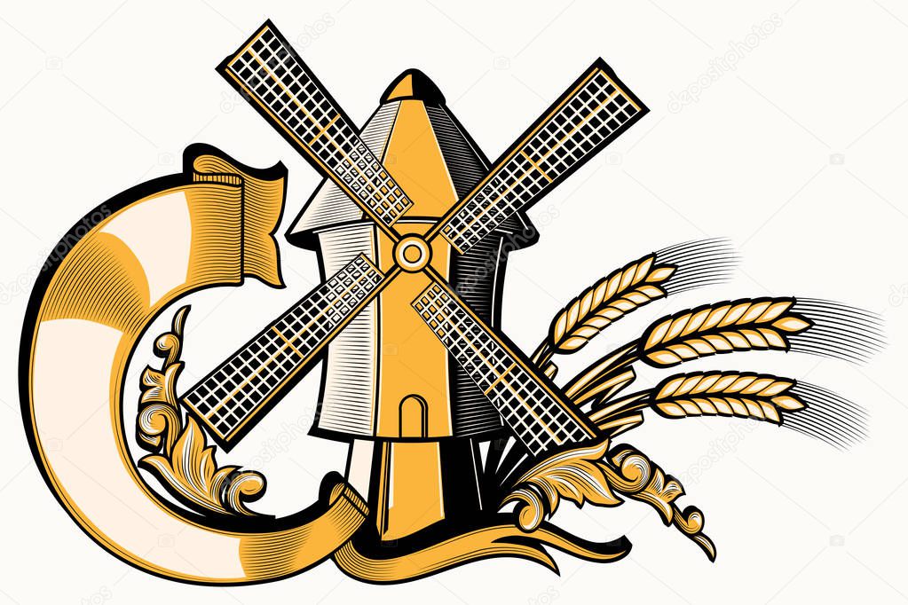 Windmill and wheat decorative emblem