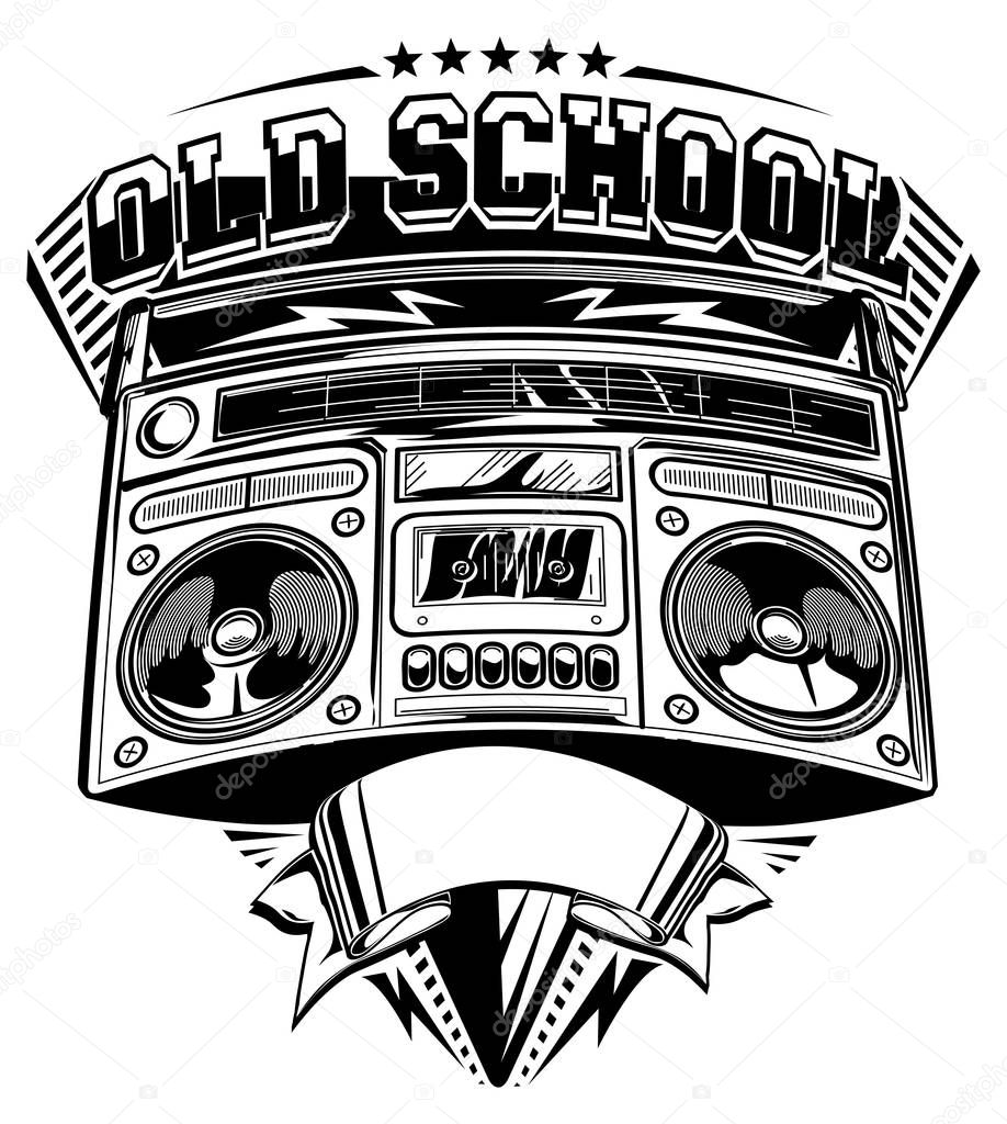 Old school music emblem with boom box