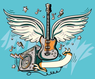 Müzik tasarımı - çizilmiş kanatlı gitar ve amfi