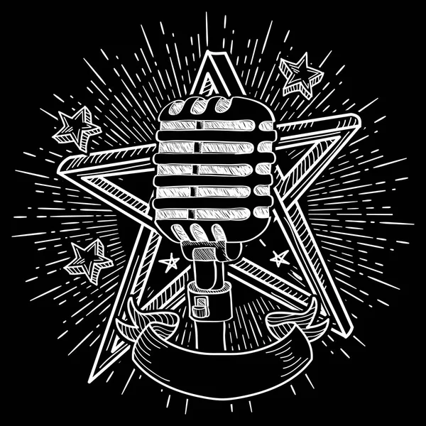 Hand Drawn Microphone Stars Emblem — Stock Vector