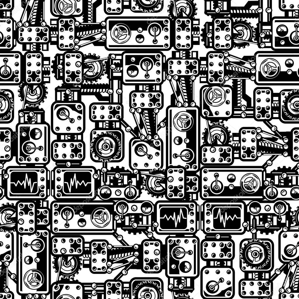 Old abstract machinery black and white seamless pattern