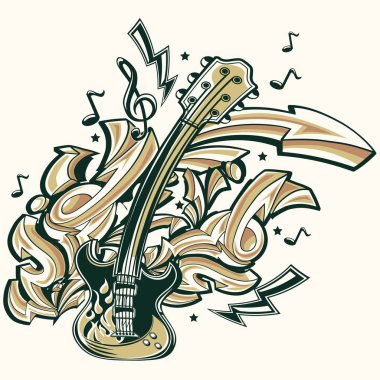 Bej renkli arka plan, vektör, illüstrasyon gitar ve grafiti okları 