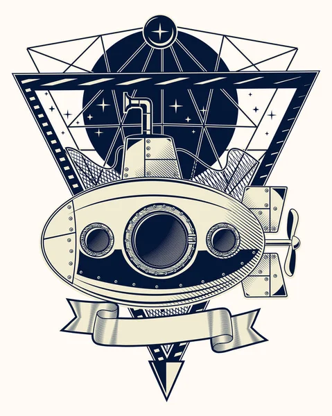 Старая Подлодка Декоративная Эмблема Вектор Иллюстрация — стоковый вектор
