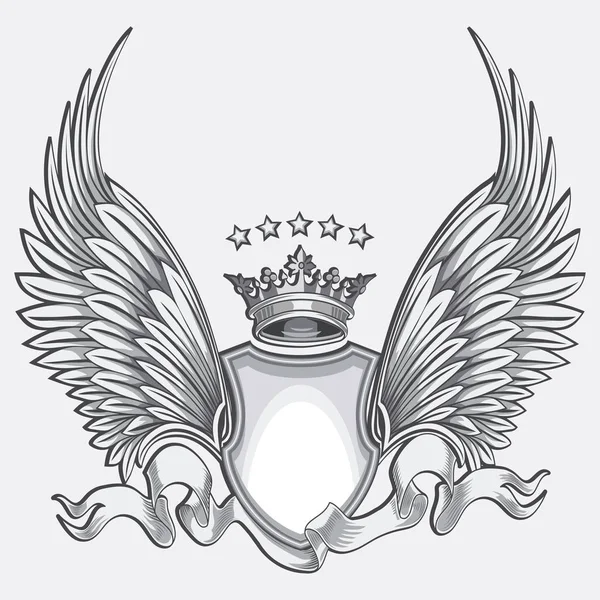 Emblema Decorativo Retrò Alato Monocromatico Con Corona Vettore Illustrazionc — Vettoriale Stock