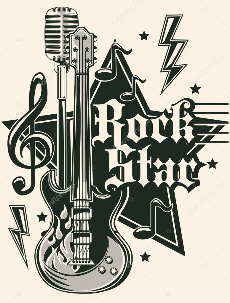 Rock star music emblem with guitar, vector, illustration 