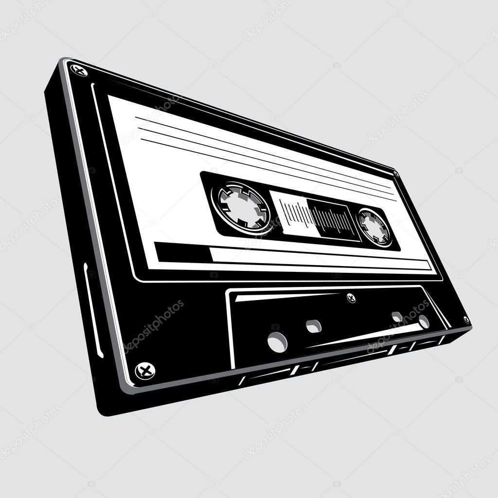Black and white audio cassette, vector, illustration