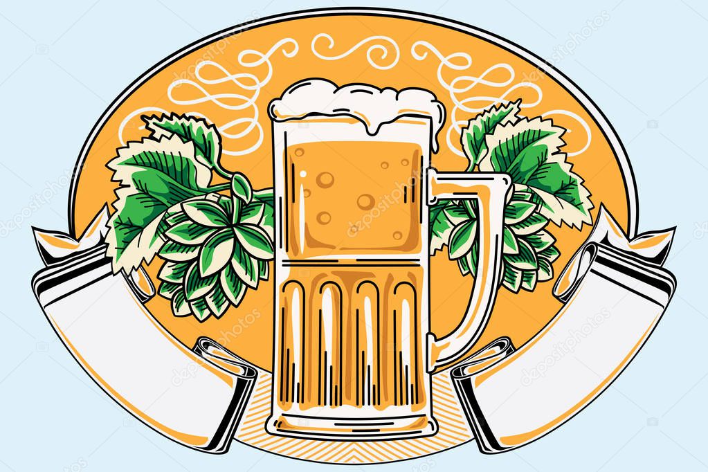 Glass of beer with hop and ribbon, decorative emblem