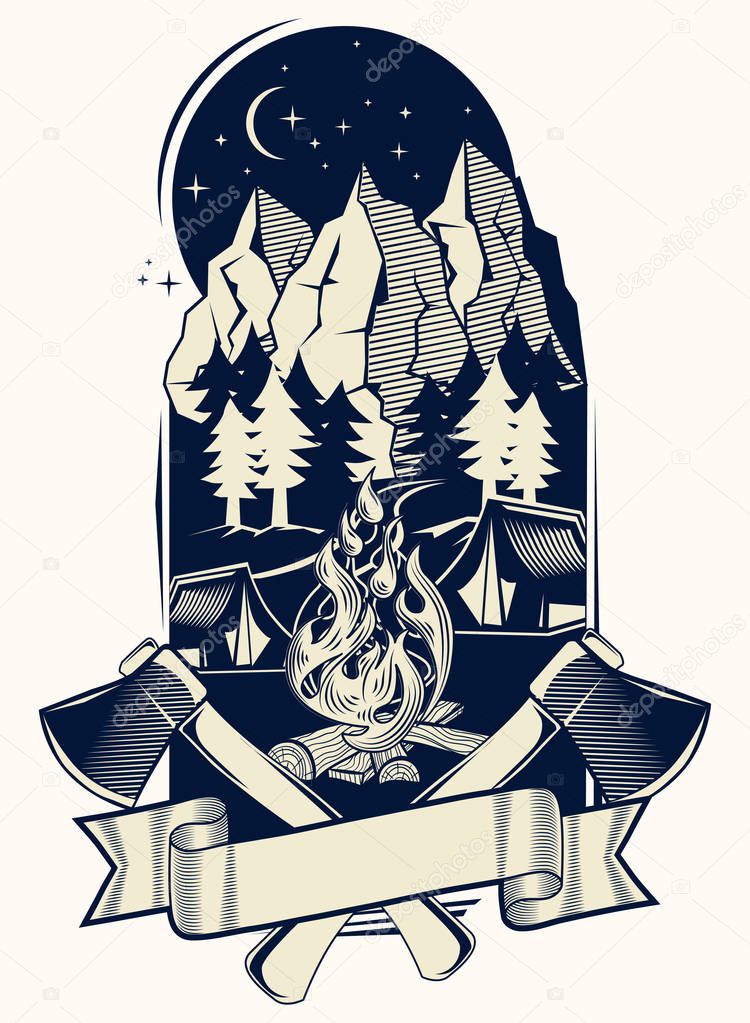 Camp fire monochrome decorative emblem