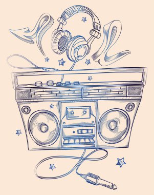 Elle çizilmiş müzik setini ve kulaklık