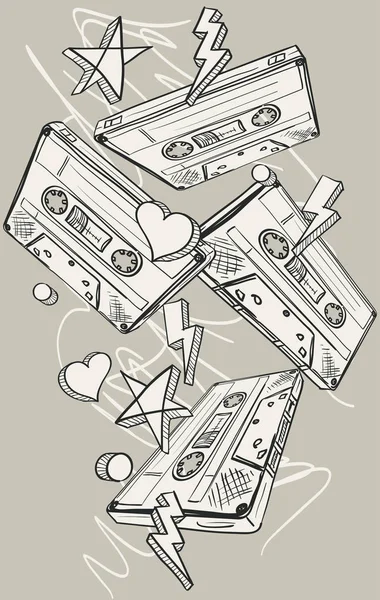 Funky Drawn Audio Cassettes — Stock Vector