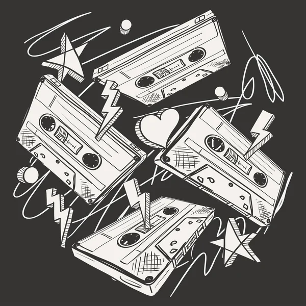 Cassetes Áudio Funky Desenhado — Vetor de Stock