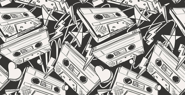 Audio cassettes drawn seamless pattern