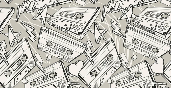 Audio Cassettes Naadloos Getekend Patroon — Stockvector