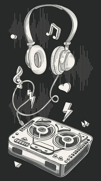 复古卷轴卷轴带耳机的卷筒录音机 — 图库矢量图片