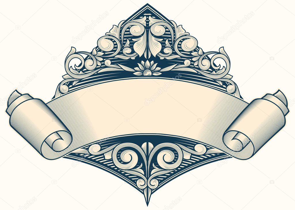 Decorative monochrome vintage emblem with scroll