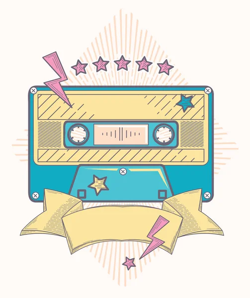 Audio Cassette Moderno Emblema Funky — Vector de stock