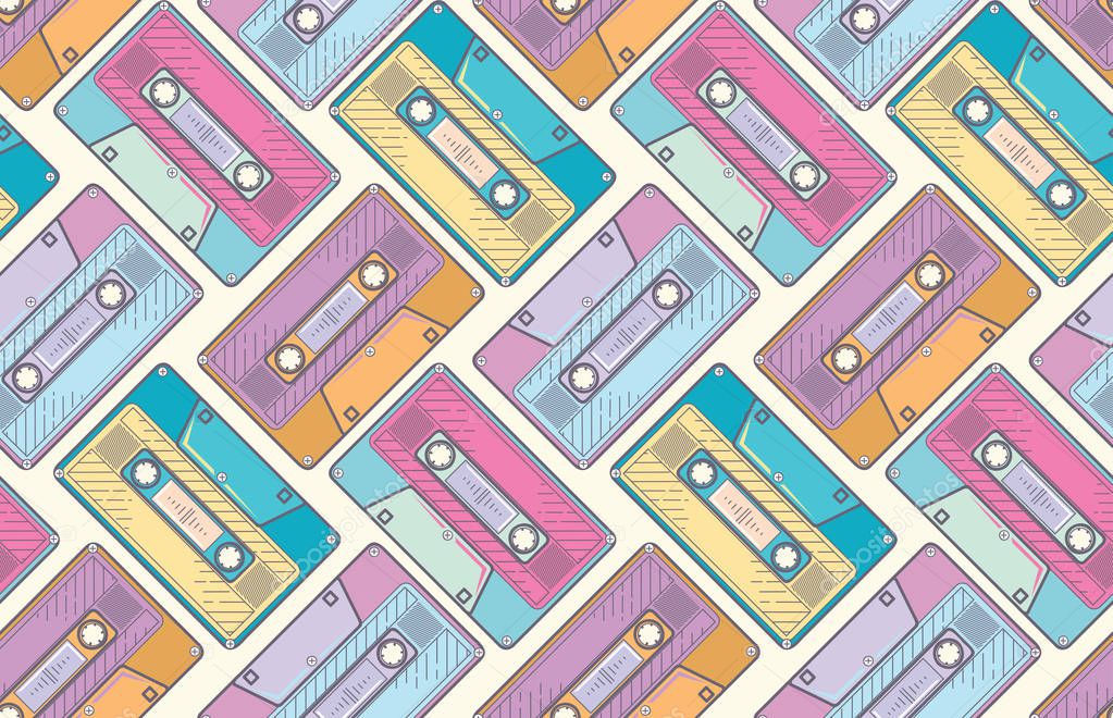 Audio cassettes funky modern seamless pattern