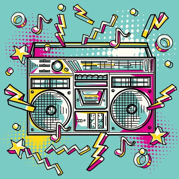 Funky Colorato Disegnato Boom Box — Vettoriale Stock