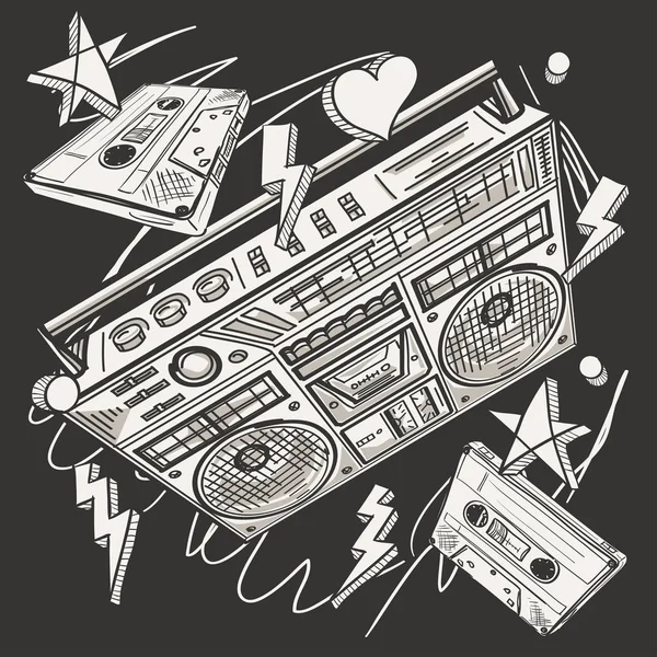 Funky Disegnato Boom Box Cassette Audio — Vettoriale Stock