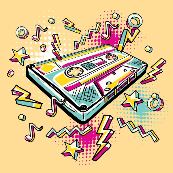 Funky Colorato Disegnato Audiocassetta — Vettoriale Stock