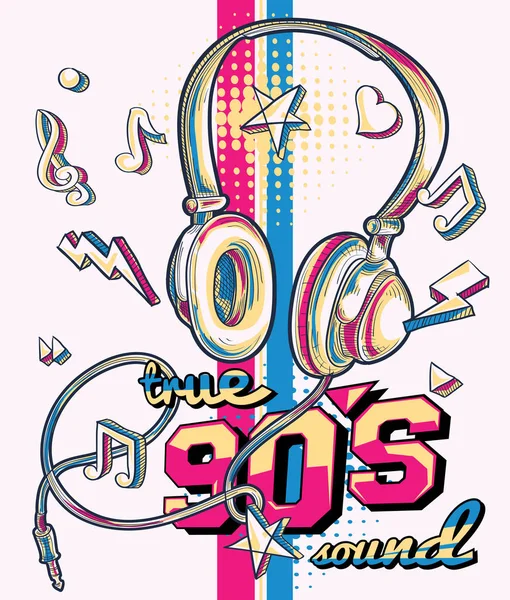 真正的90年代声音绘制音乐时髦耳机 — 图库矢量图片