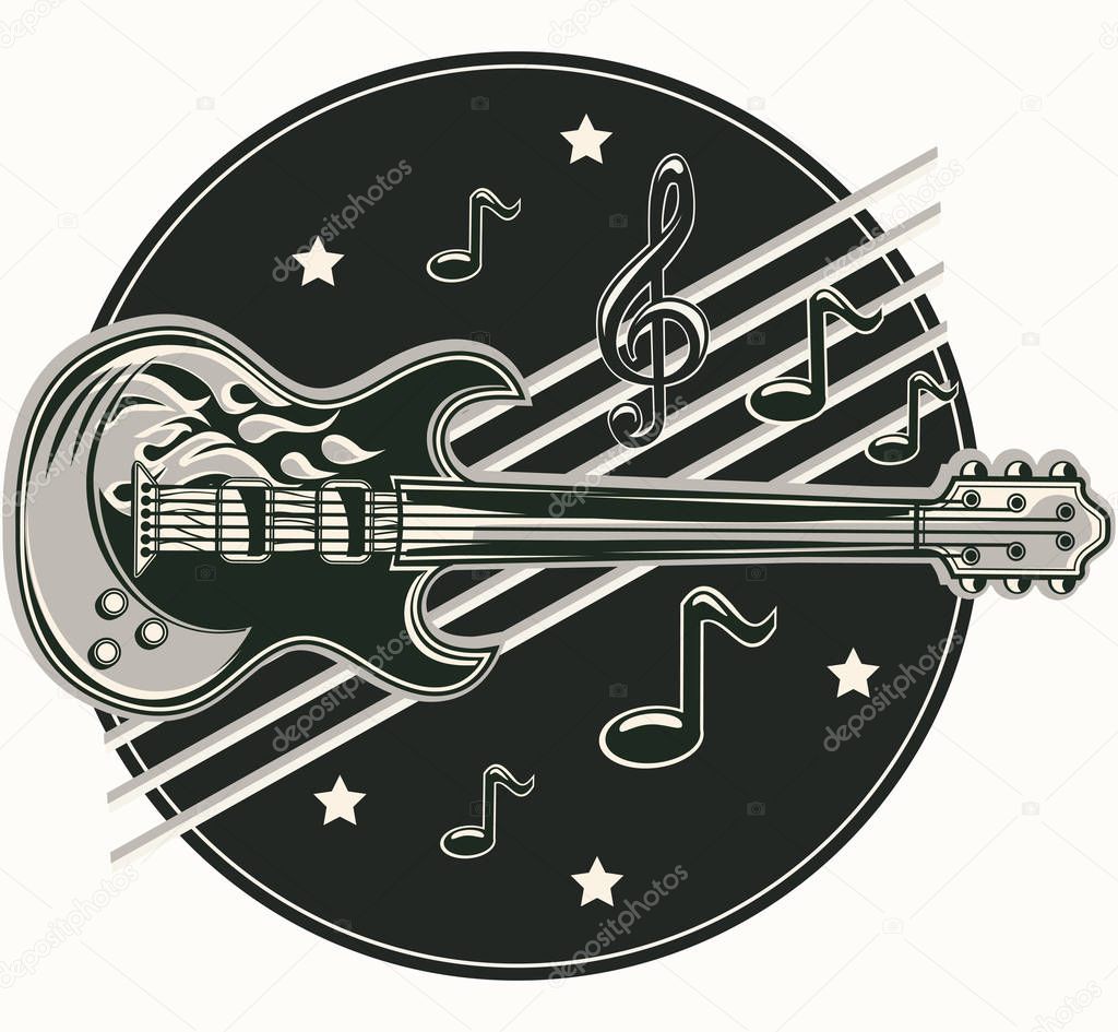 Guitar and notes music emblem