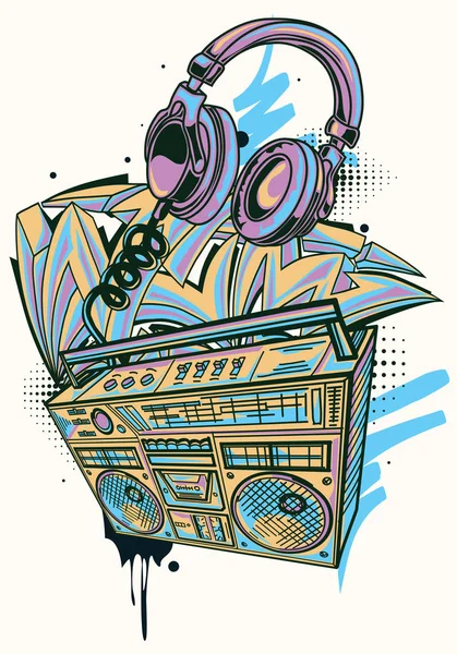 Funky Barevný Boom Box Sluchátka Graffiti Šipky — Stockový vektor