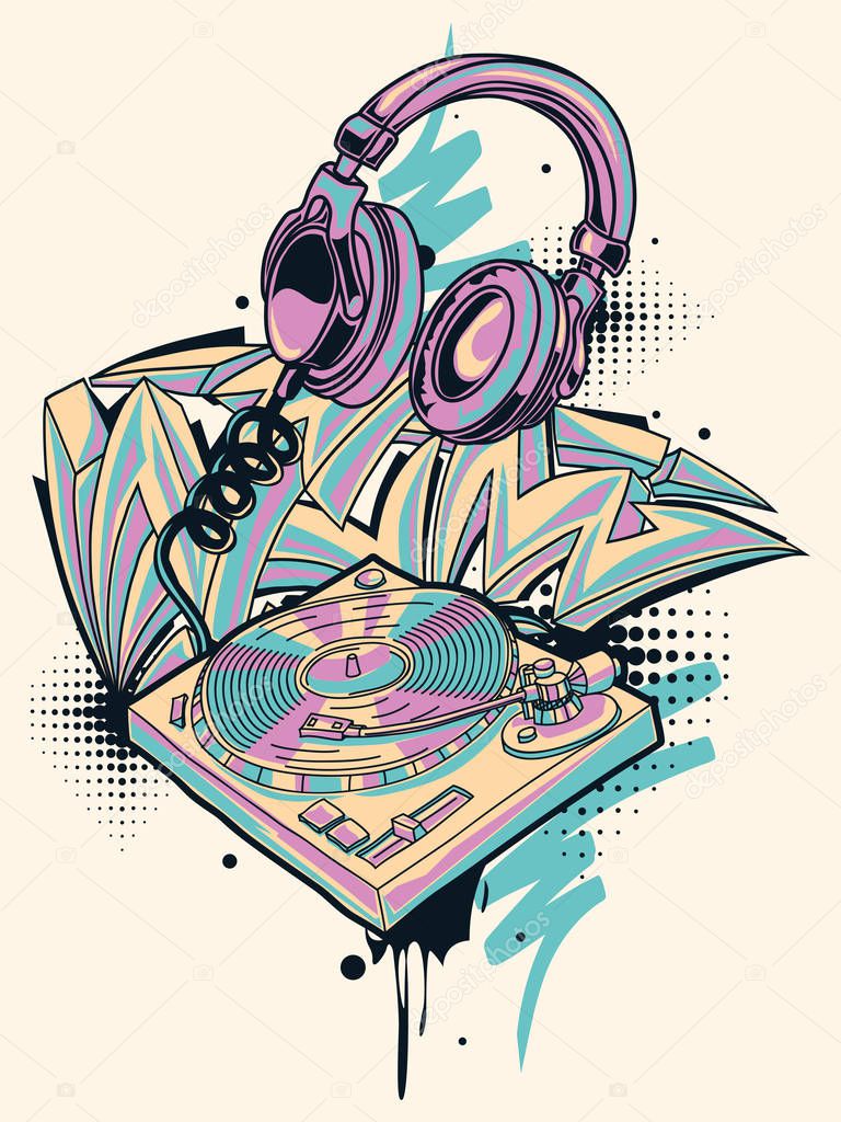 Funky colorful turntable, headphones and graffiti arrows