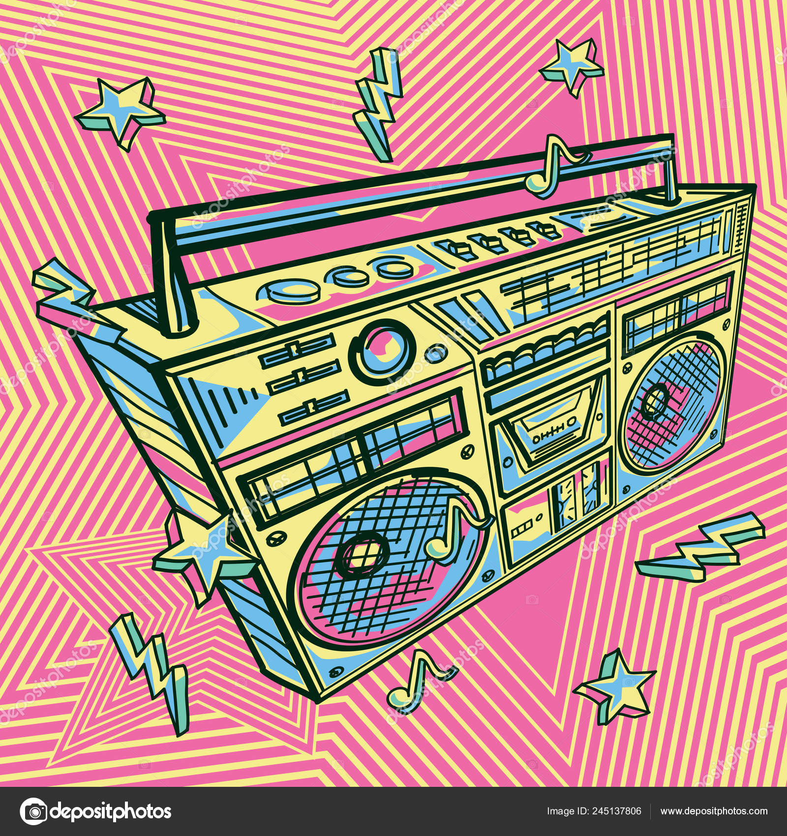 Funky Colorful Drawn Boom Box Stock Illustration by ©alex_scholar