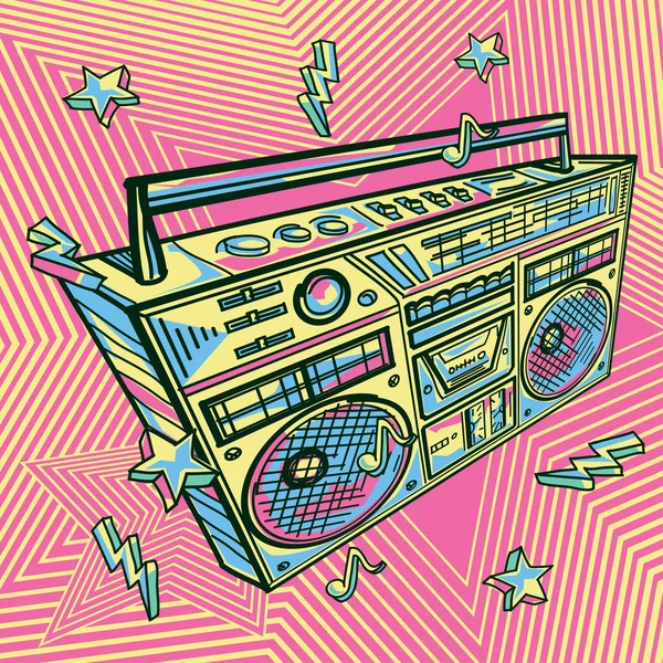 Funky Colorful Drawn Boom Box — Stock Vector