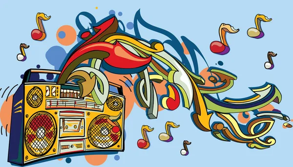 Funky Bunte Boom Box Notizen Und Graffiti Pfeile — Stockvektor