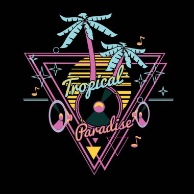 Tropik cennet - 80s neon renkli amblem stil.