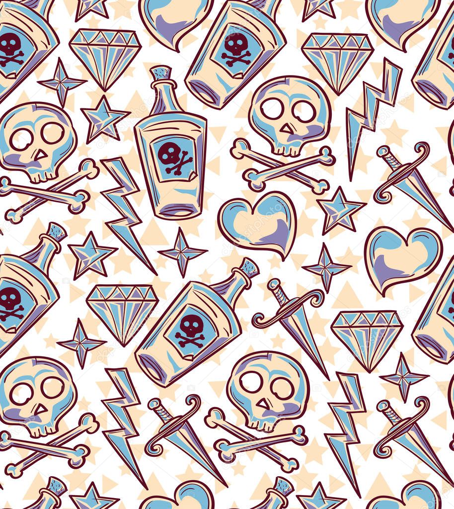 Old school tattoo funky seamless pattern