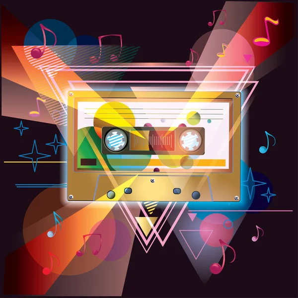 stock vector Audio cassette with notes on funky modern musical background