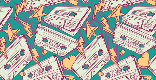 Audio cassettes drawn seamless pattern